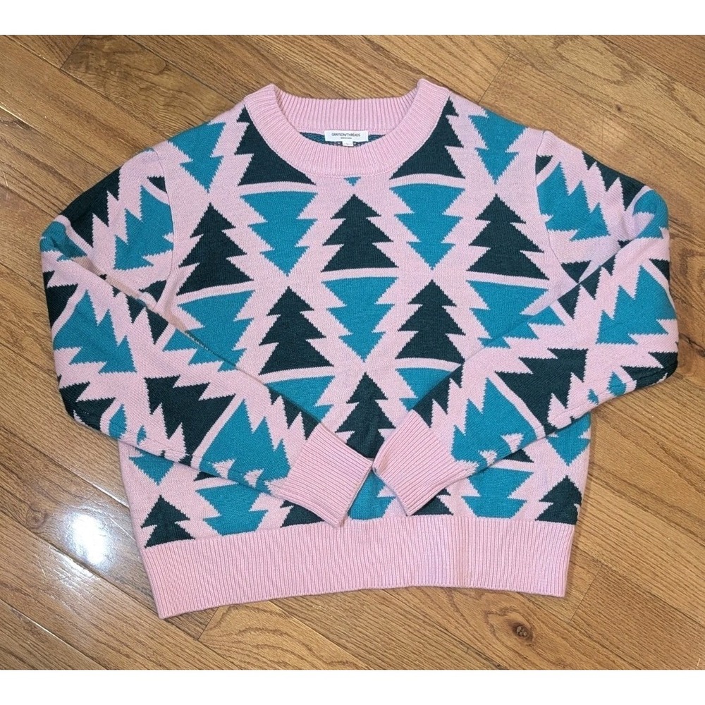 Indie‎ Sleaze Geometric Graphic Sweater Pink Teal Grayson Threads Women's L